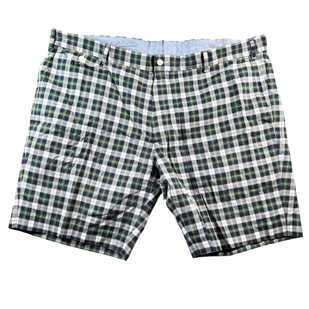 VTG Polo Ralph Lauren Mens 42 Tartan Plaid Shorts Green Blue Slim Fit Old Money
